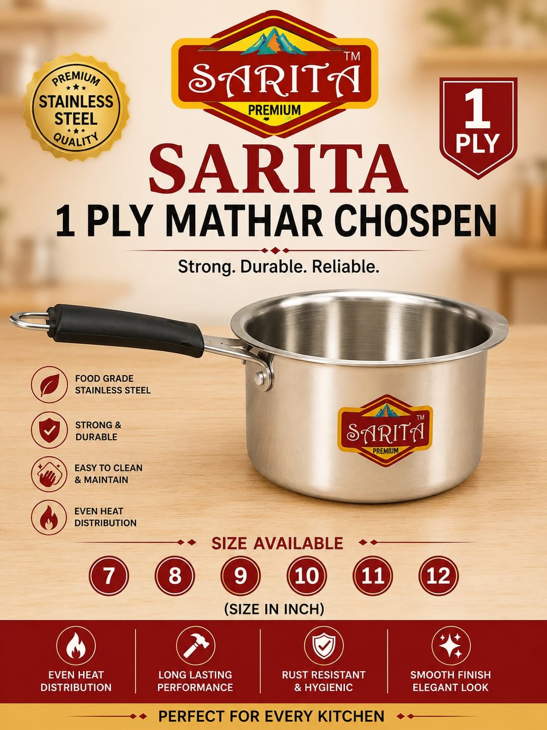 Sarita Premium 1 Ply Mathar Chospen - Food Grade Stainless Steel Saucepan - Image 2