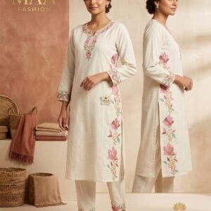 Elegant Off-White Floral Embroidered Kurti & Pant Set (Design No: MF3021)