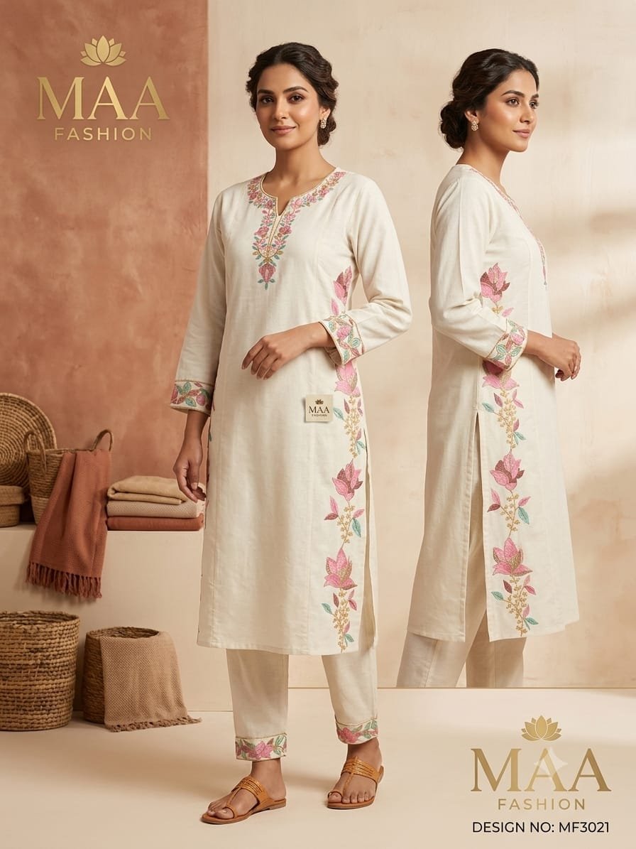 Elegant Off-White Floral Embroidered Kurti & Pant Set (Design No: MF3021)